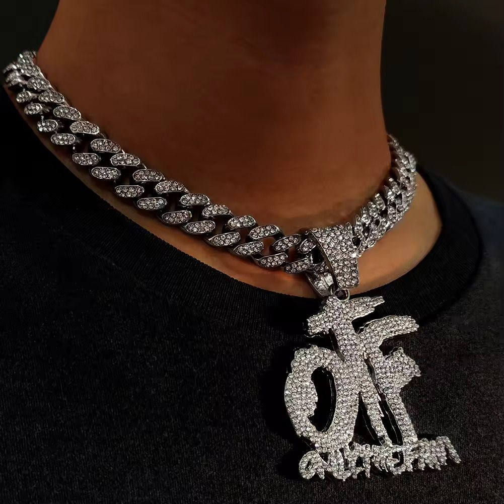 Wholesale Hip Hop Bling Rhinestone KING NO LOVE Heart Pendant with Cuban Chain Link Men Punk Queen Charm Necklace Jewelry Gift_1
