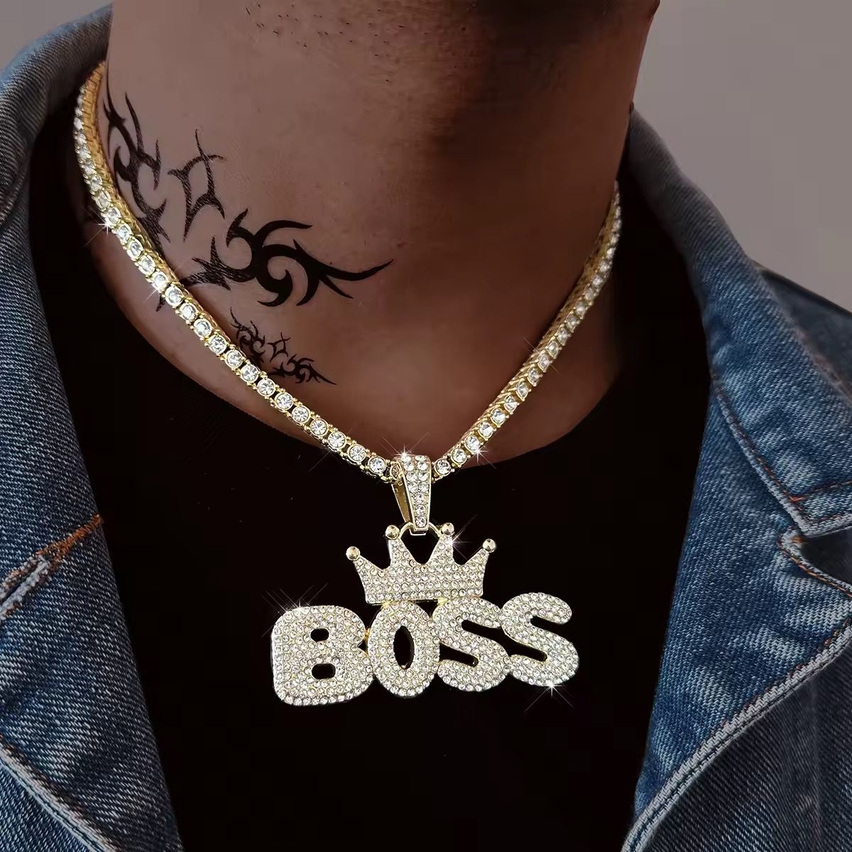 Iced Out Bling Men Hip Hop Jewelry Micro Paved 5A Rhinestone Crown Letter Boss Cool Sparking Rock Punk Pendant_4