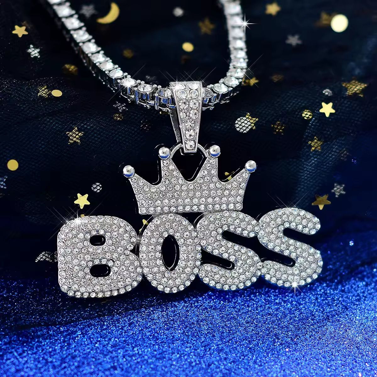 Iced Out Bling Men Hip Hop Jewelry Micro Paved 5A Rhinestone Crown Letter Boss Cool Sparking Rock Punk Pendant_0