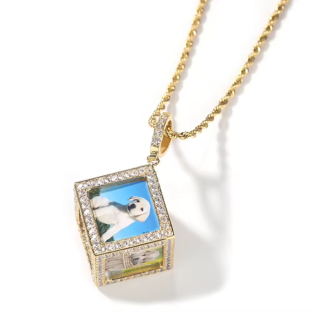 Customize and Wholesale 2Pcs/Set Three-dimensional square Photo Pendant Necklace for Men Women Shiny HipHop Cube Picture Pendant_1