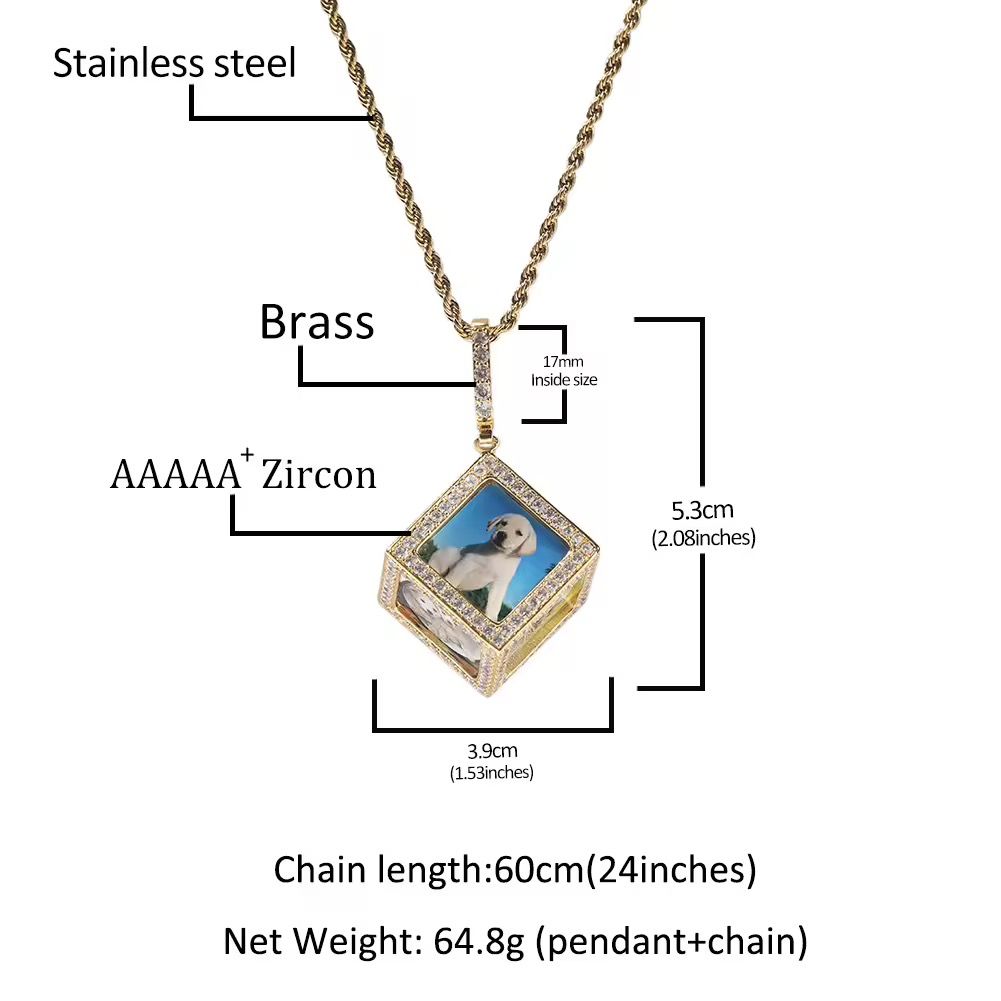 Customize and Wholesale 2Pcs/Set Three-dimensional square Photo Pendant Necklace for Men Women Shiny HipHop Cube Picture Pendant_3