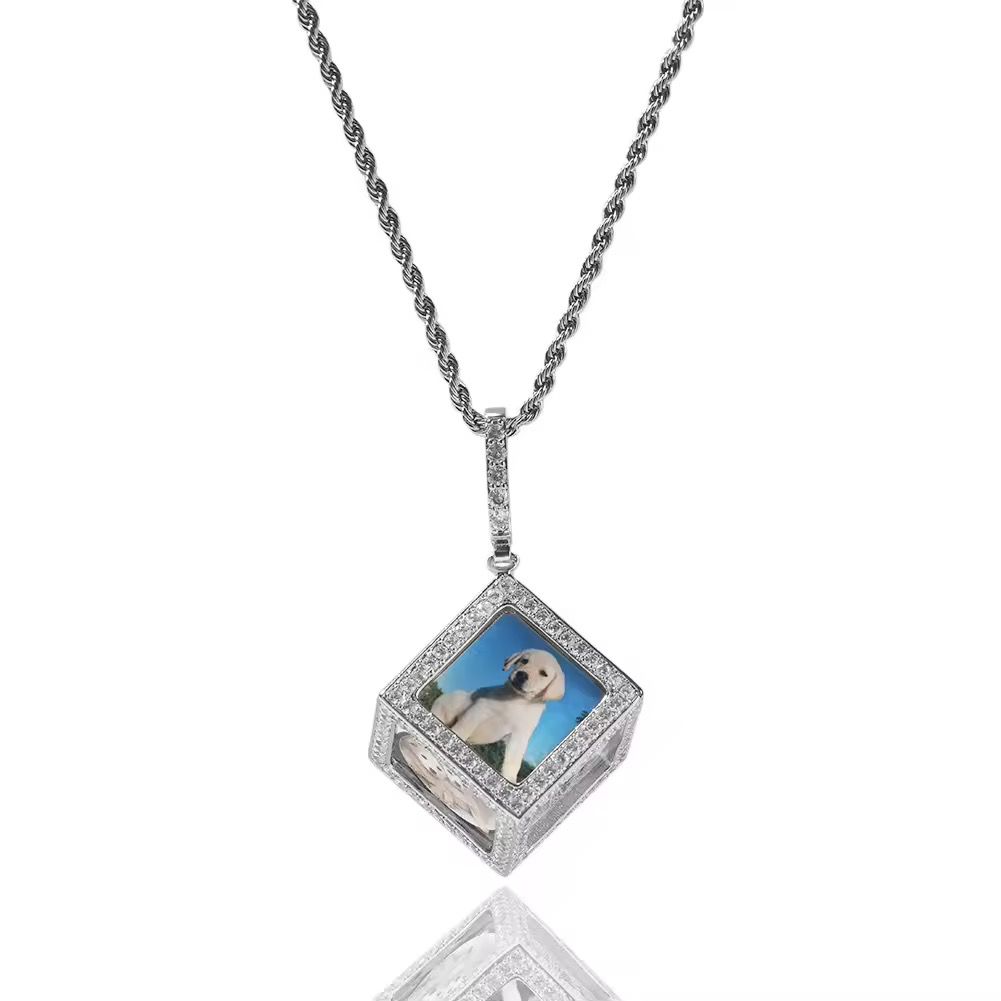 Customize and Wholesale 2Pcs/Set Three-dimensional square Photo Pendant Necklace for Men Women Shiny HipHop Cube Picture Pendant_2