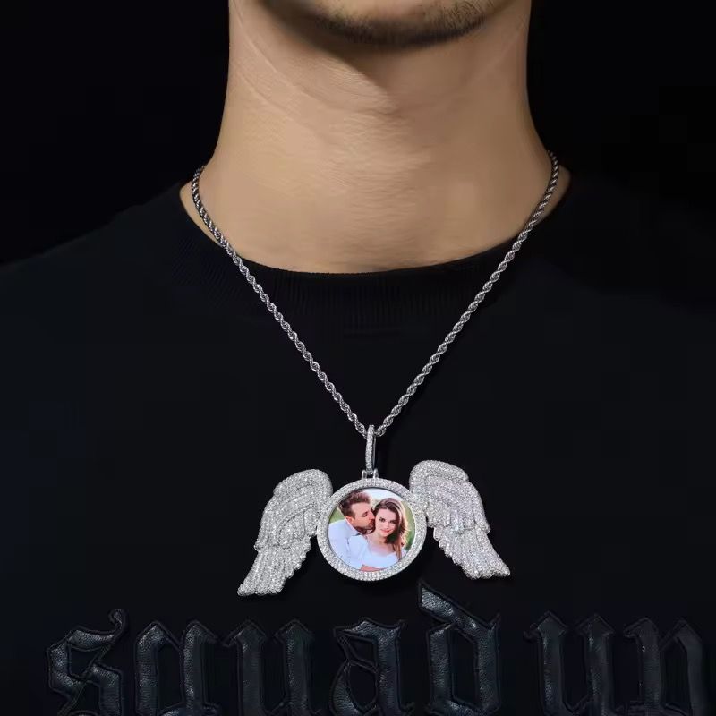 Bling Fine HipHop 925 Silver Moissanite Diamond Jewelry Iced Out Angel Wings Photo Pendant Necklace for Men Women Best Gift_4