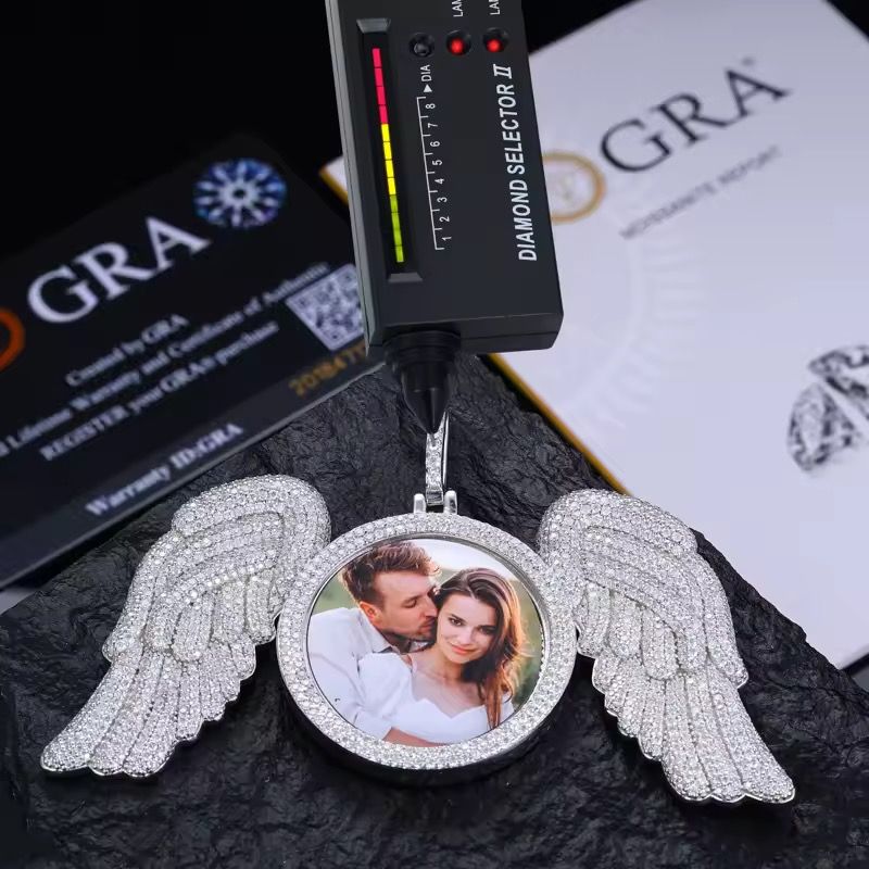 Bling Fine HipHop 925 Silver Moissanite Diamond Jewelry Iced Out Angel Wings Photo Pendant Necklace for Men Women Best Gift_3