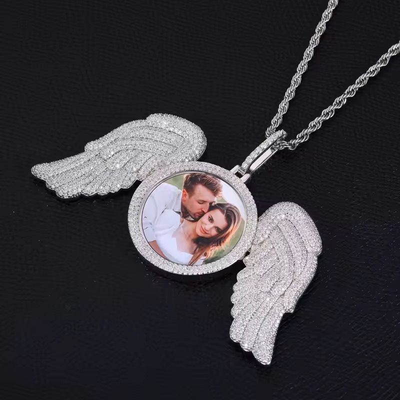 Bling Fine HipHop 925 Silver Moissanite Diamond Jewelry Iced Out Angel Wings Photo Pendant Necklace for Men Women Best Gift_1