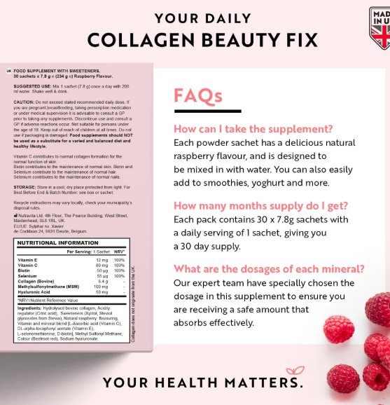 Collagen Sachets - Enhanced with Biotin, Hyaluronic Acid, Vitamin C & E - 30 Raspberry Flavoured Sachets_1