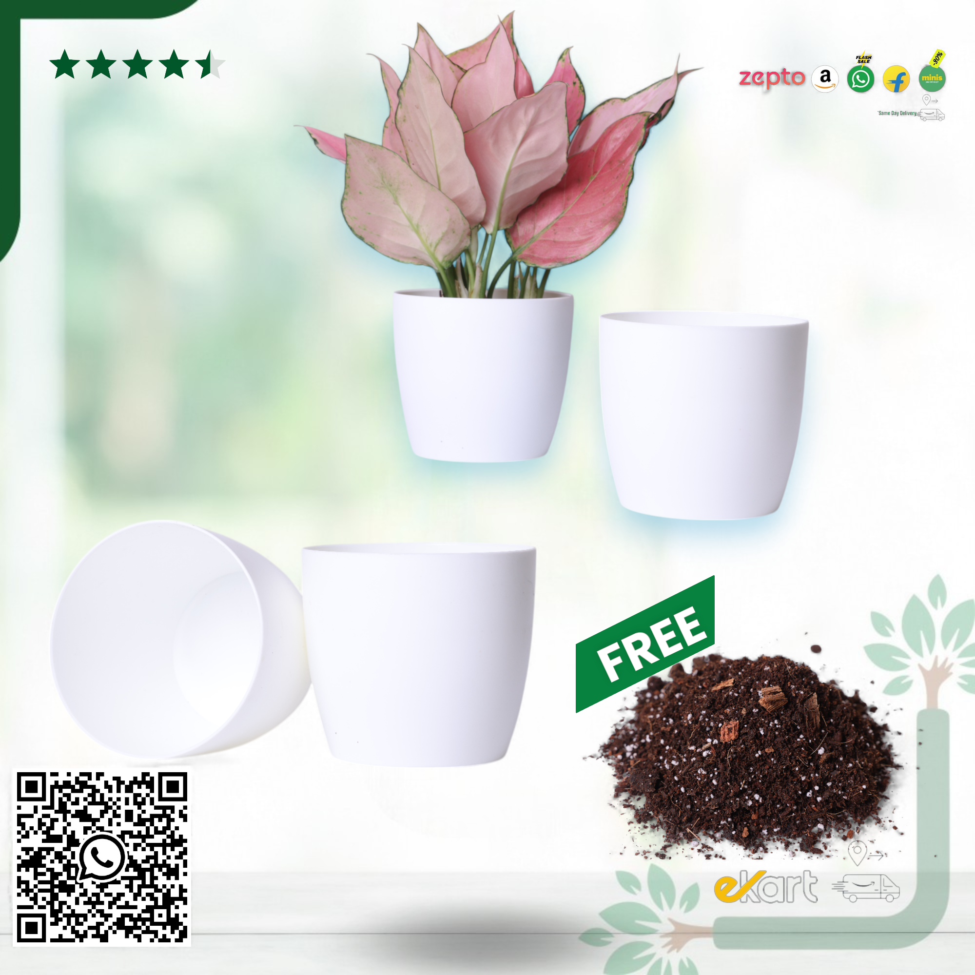 White Ronda 1110 Planter - Fits 4''Growser Pot Plants {Free Organic Pot Mix} Pack of 2_0