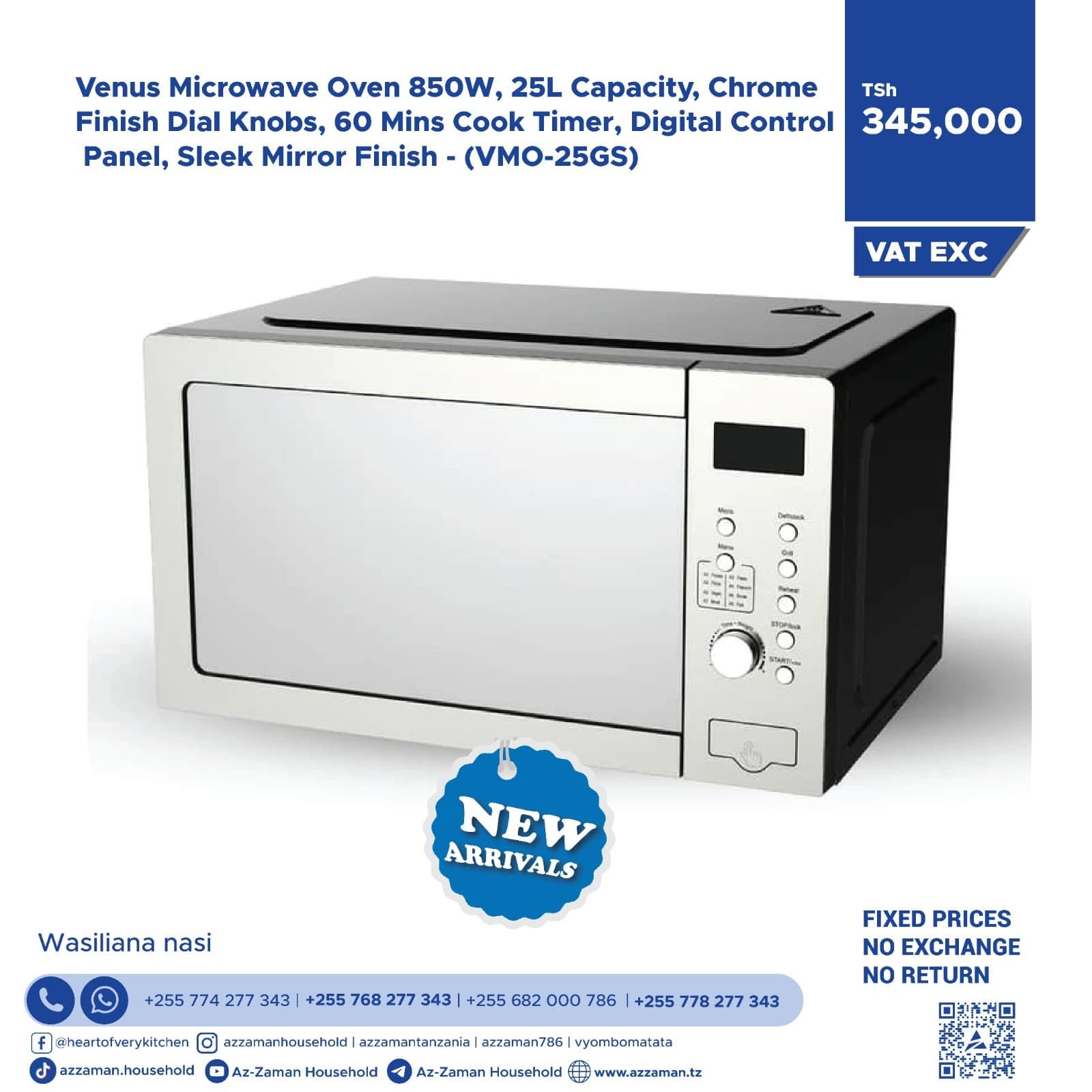 Venus Microwave Oven 850w 25L Capacity, Chrome Finish, Dial Knobs 60 Mins Cook_0