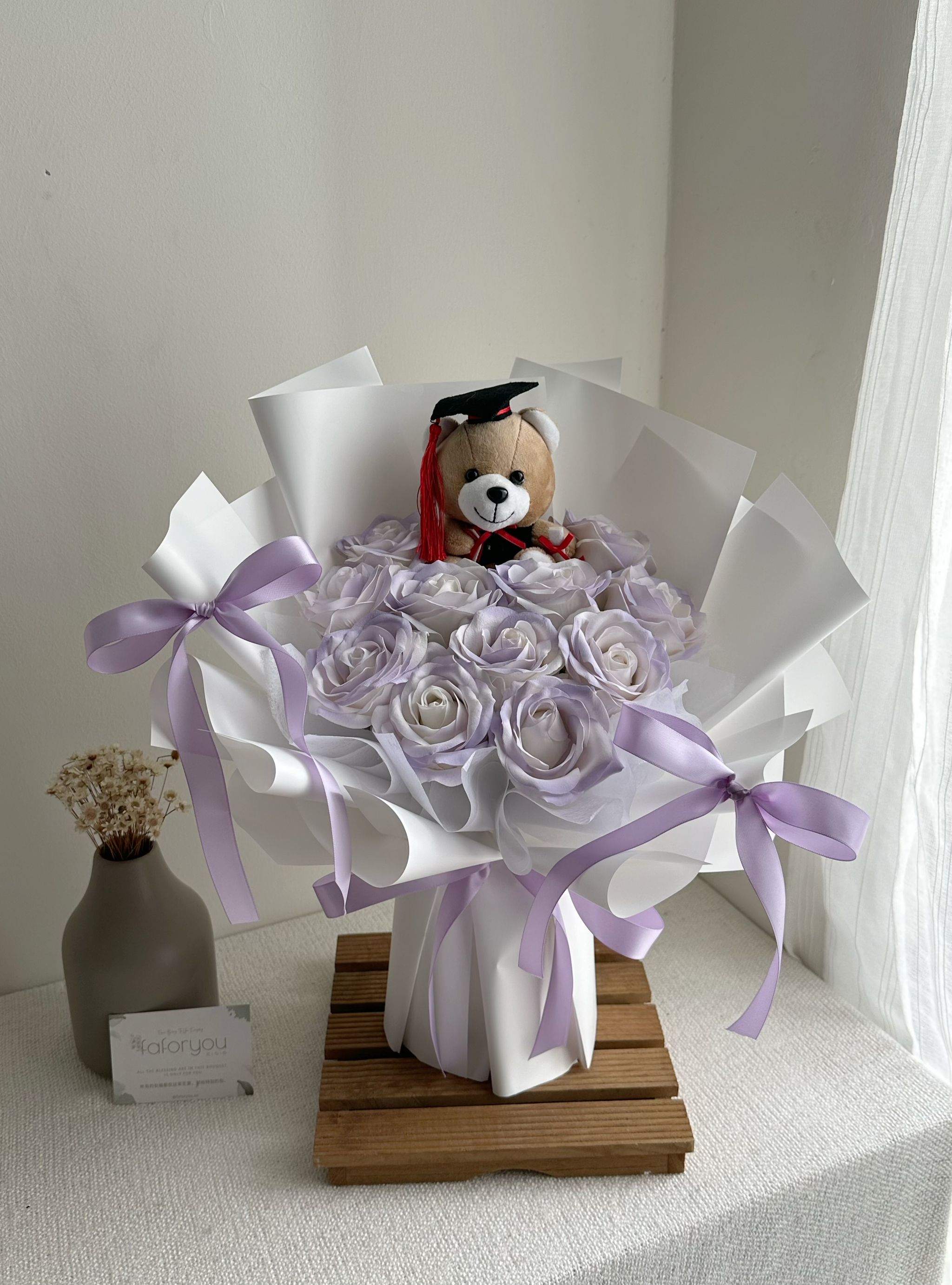 Graduation Bear 11 Stalk Soap Rose Ribbon Bouquet  _0