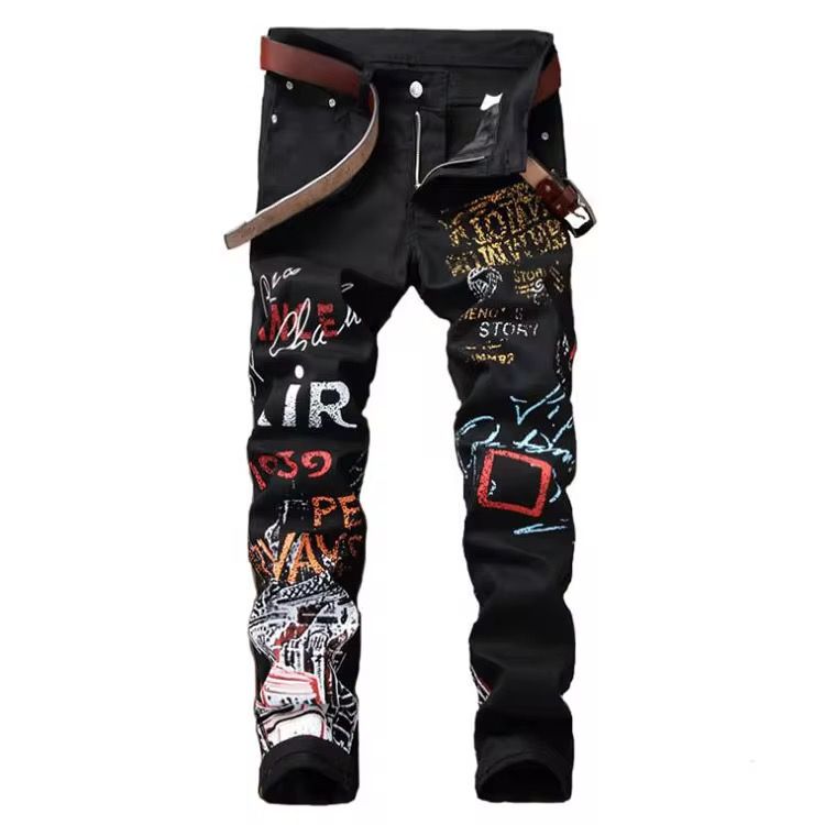 High Street Fashion Mens Jeans Night Club Black White Color Personal Designer Printed Jeans Men Punk Pants Skinny Hip Hop Jeans_1