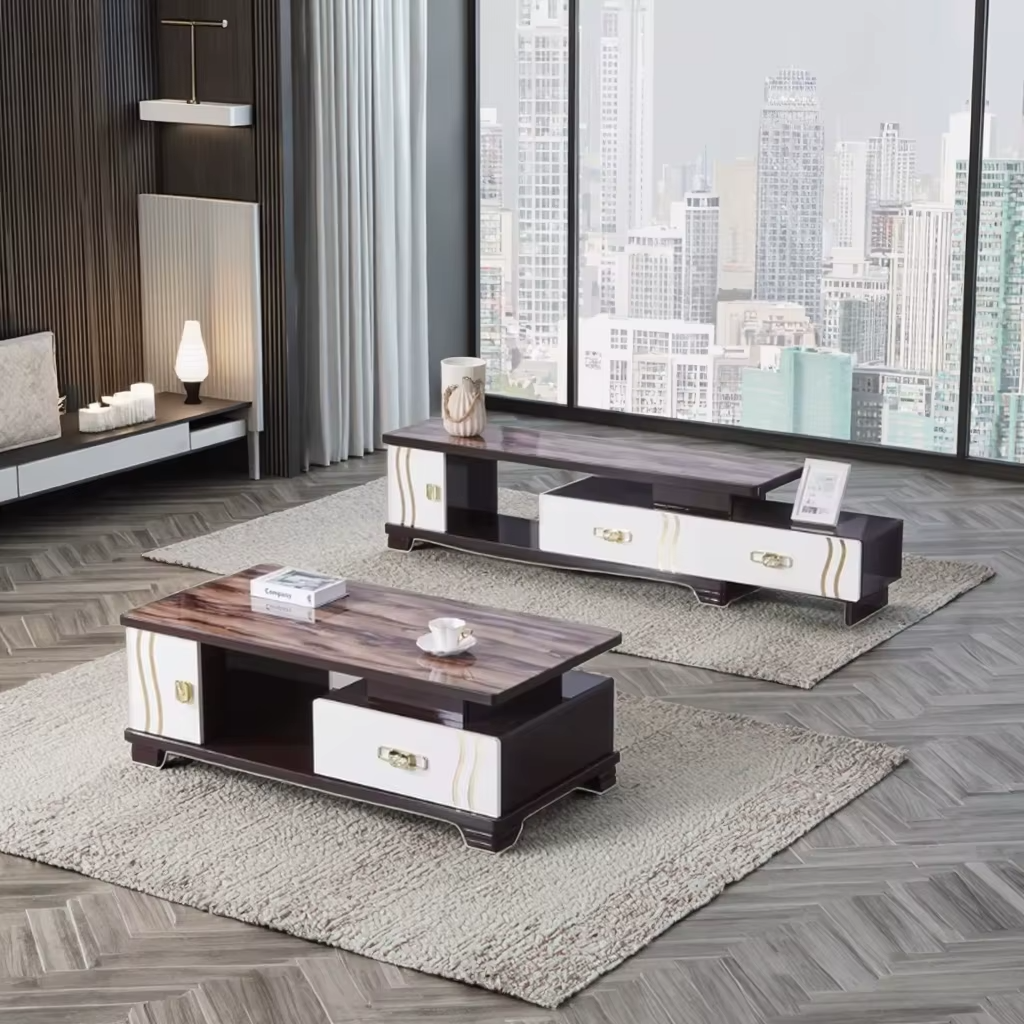 Ensemble Élégance Noble – Meuble TV & Table Basse Bicolores au Fini Marbré_1