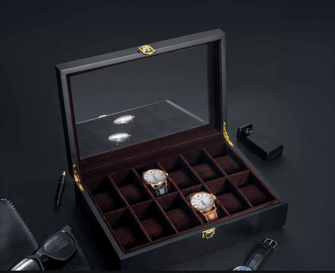 Baked Lacquer Leather Watch Display Box Storage Box-Inner Brown-12 Slots_1