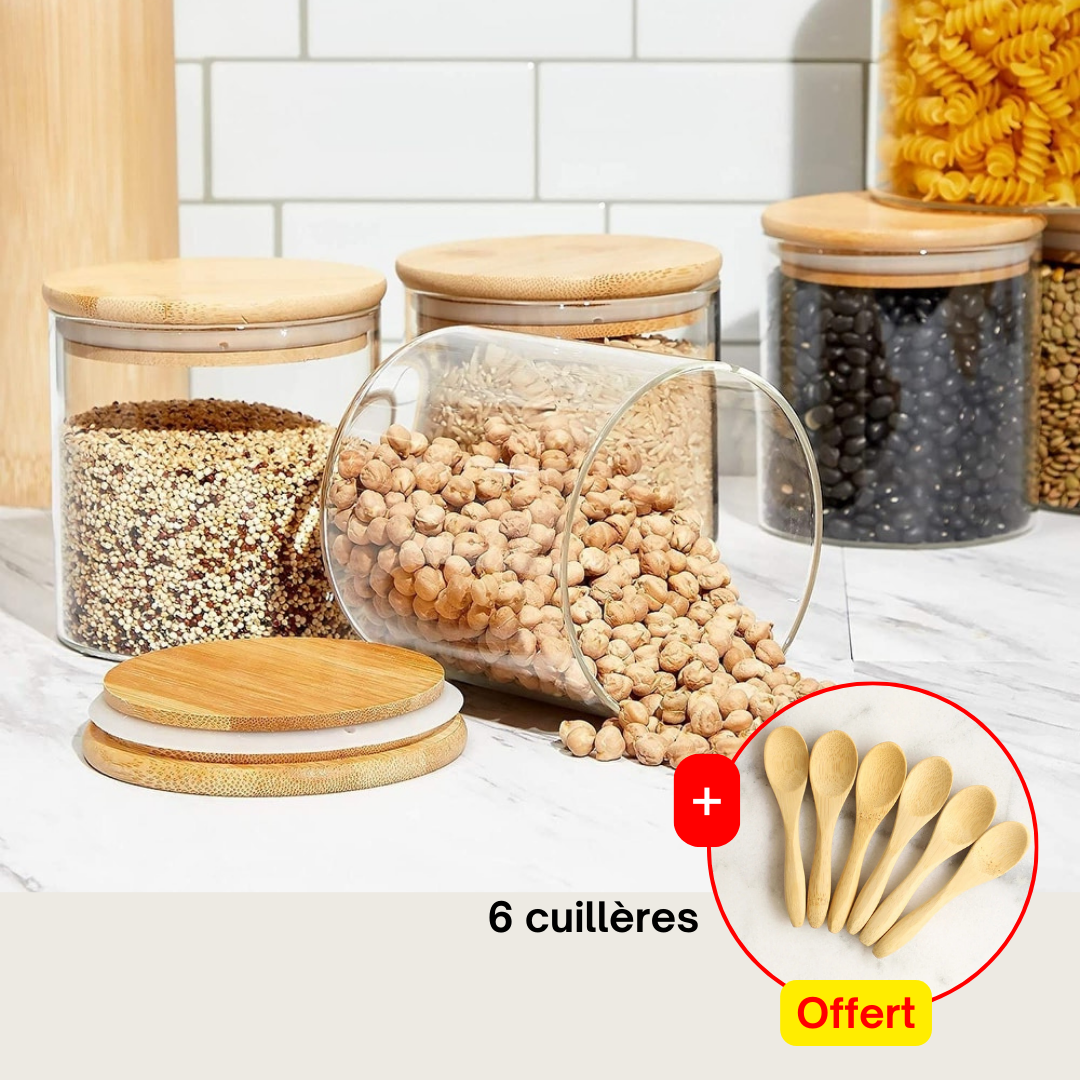 Lot de 6 bocaux en verre avec hermétiques 450ml + 6 cuillères_0