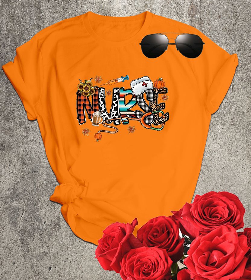 📝 Autumn Vibes & Caring Hearts – Fall Nurse Graphic T-Shirt_2