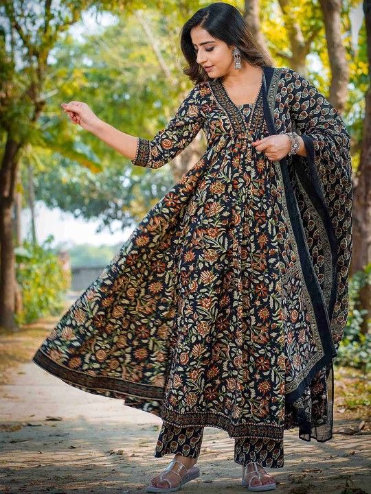 Empire Style Pure Cotton Anarkali Kurta With Trousers & Dupatta_0