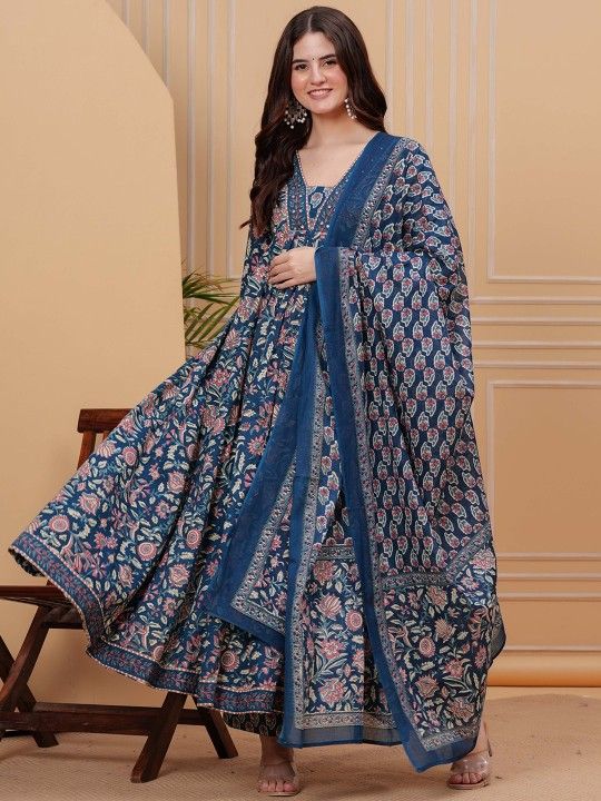 Empire Style Pure Cotton Anarkali Kurta With Trousers & Dupatta_0