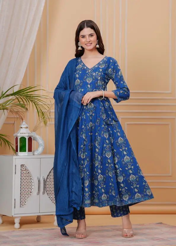 Empire Style Pure Cotton Anarkali Kurta With Trousers & Dupatta_1