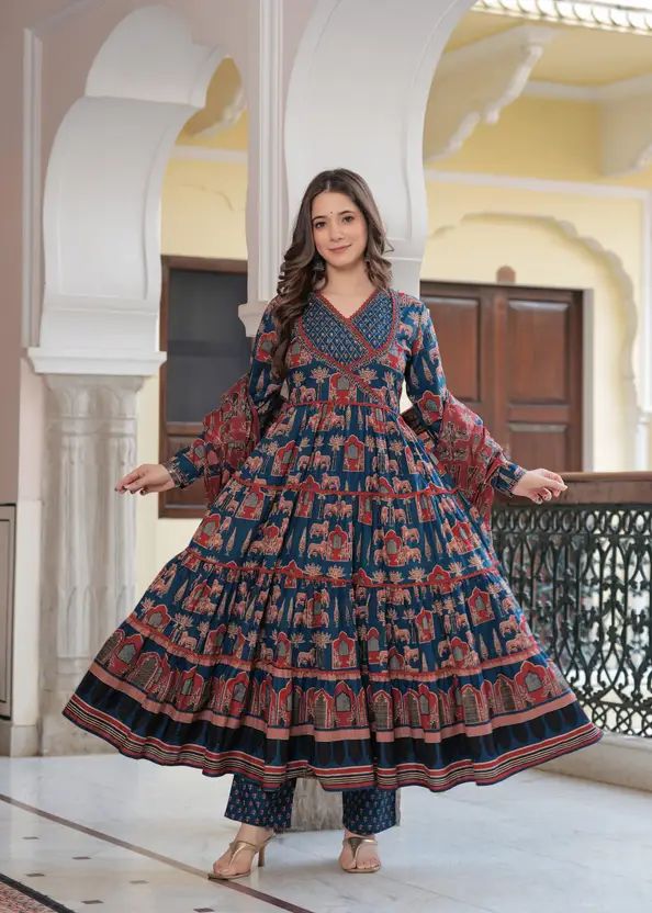 Empire Style Pure Cotton Anarkali Kurta With Trousers & Dupatta_1