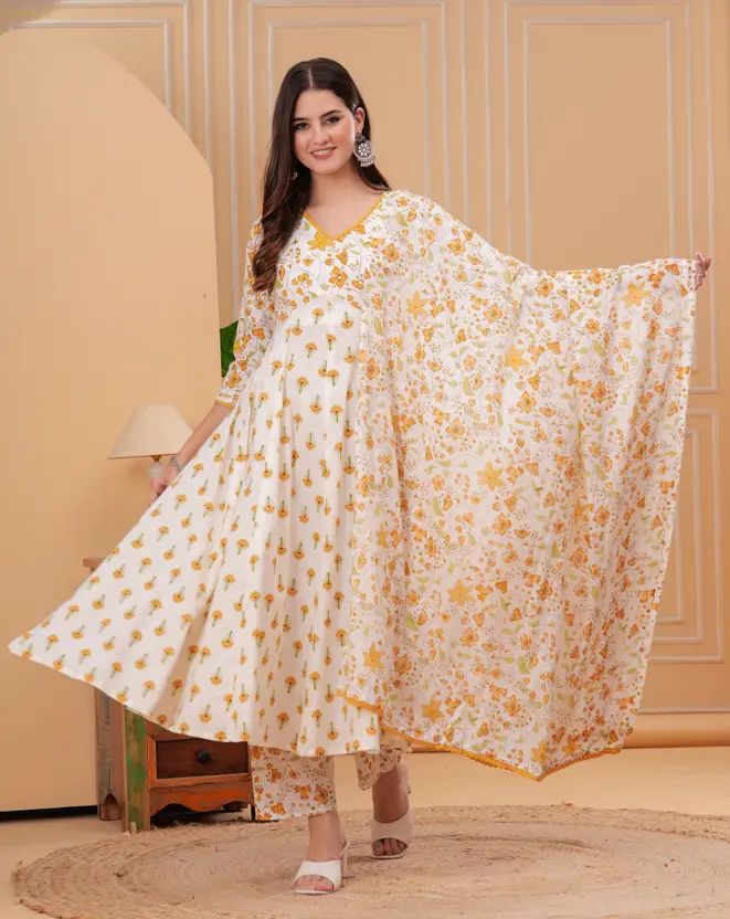 Empire Style Pure Cotton Anarkali Kurta With Trousers & Dupatta_2