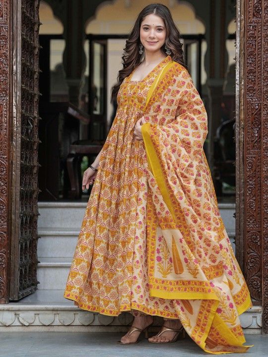 Empire Style Pure Cotton Anarkali Kurta With Trousers & Dupatta_0