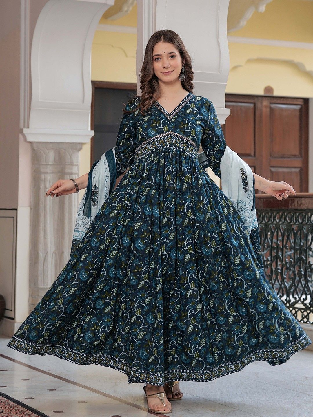 Empire Style Pure Cotton Anarkali Kurta With Trousers & Dupatta_0