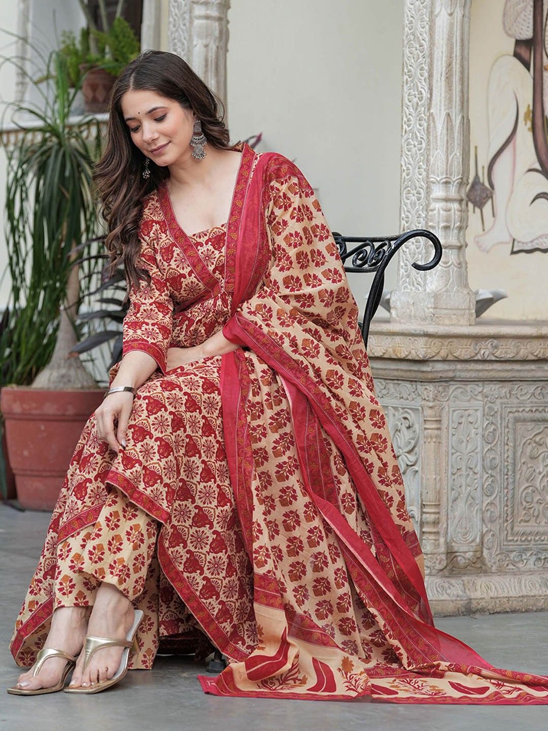 Empire Style Pure Cotton Anarkali Kurta With Trousers & Dupatta_0