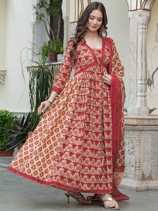 Empire Style Pure Cotton Anarkali Kurta With Trousers & Dupatta_1