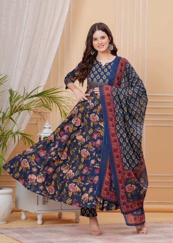 Empire Style Pure Cotton Anarkali Kurta With Trousers & Dupatta_2