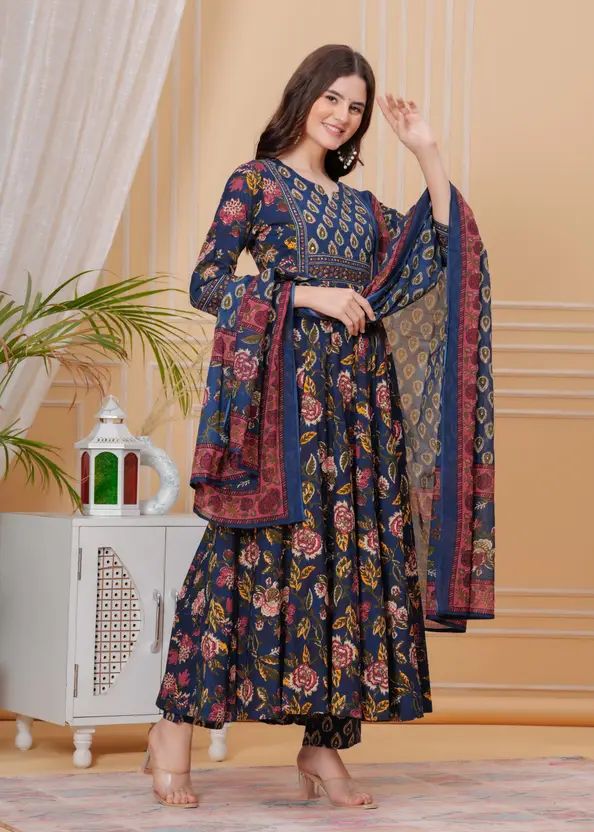 Empire Style Pure Cotton Anarkali Kurta With Trousers & Dupatta_1