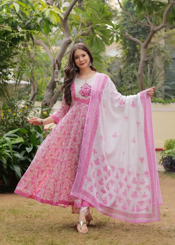 Empire Style Pure Cotton Anarkali Kurta With Trousers & Dupatta_1