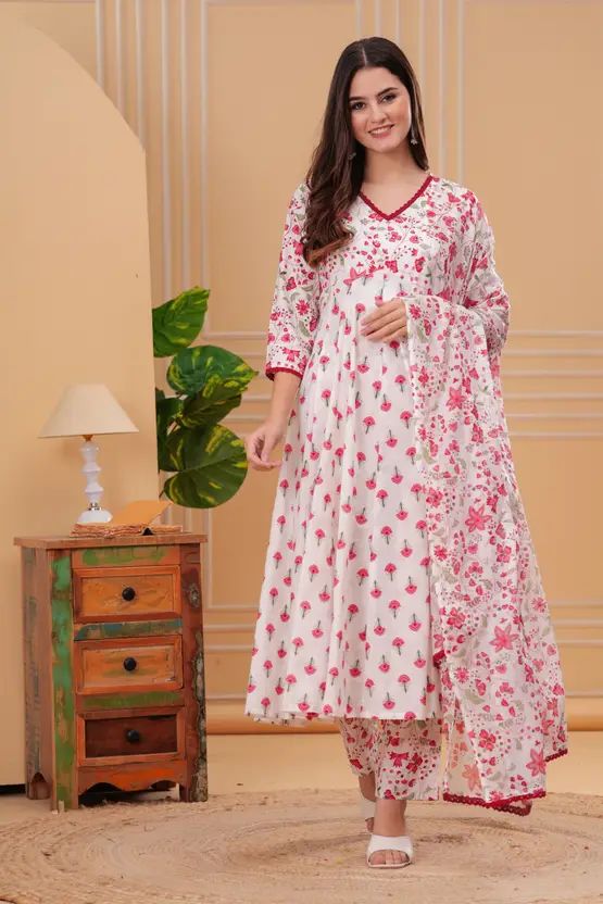 Empire Style Pure Cotton Anarkali Kurta With Trousers & Dupatta_1