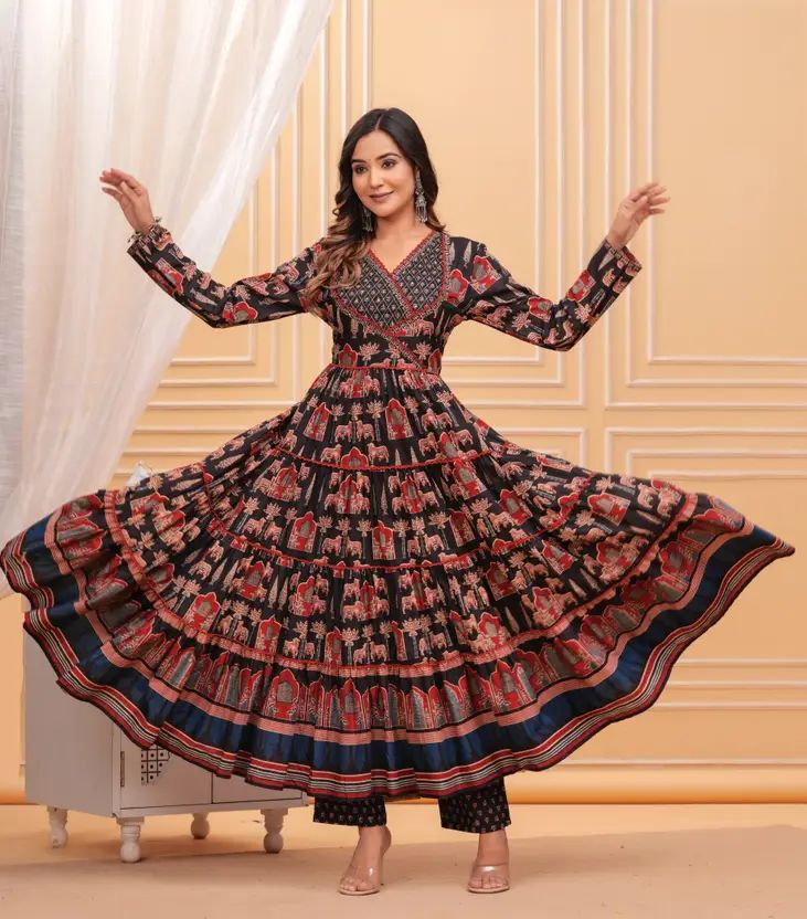 Empire Style Pure Cotton Anarkali Kurta With Trousers & Dupatta_1