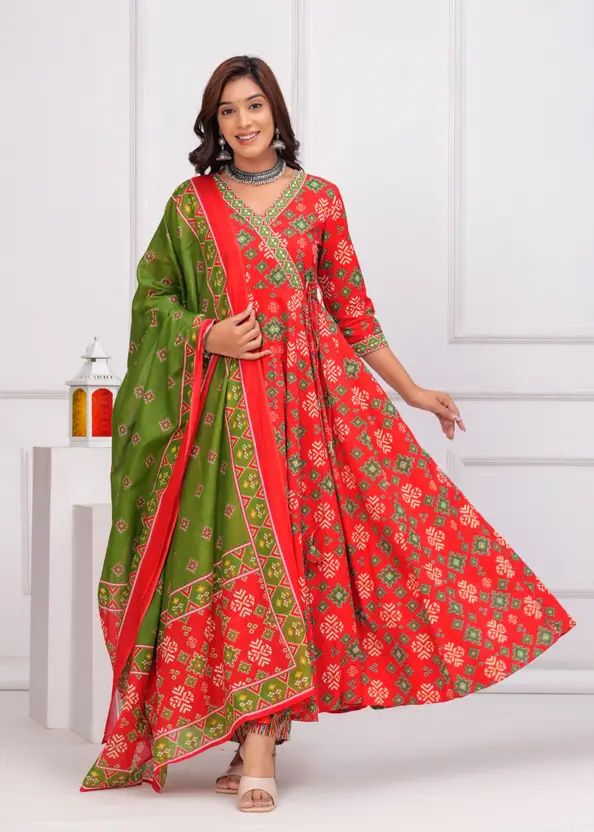 Empire Style Pure Cotton Anarkali Kurta With Trousers & Dupatta_0
