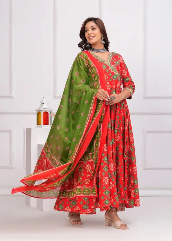 Empire Style Pure Cotton Anarkali Kurta With Trousers & Dupatta_1