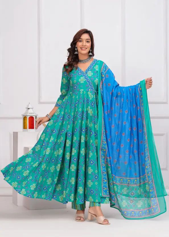 Empire Style Pure Cotton Anarkali Kurta With Trousers & Dupatta_0