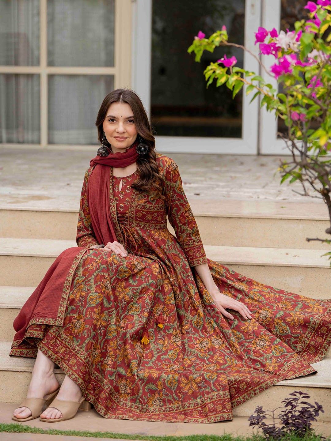 Empire Style Pure Cotton Anarkali Kurta With Trousers & Dupatta_0
