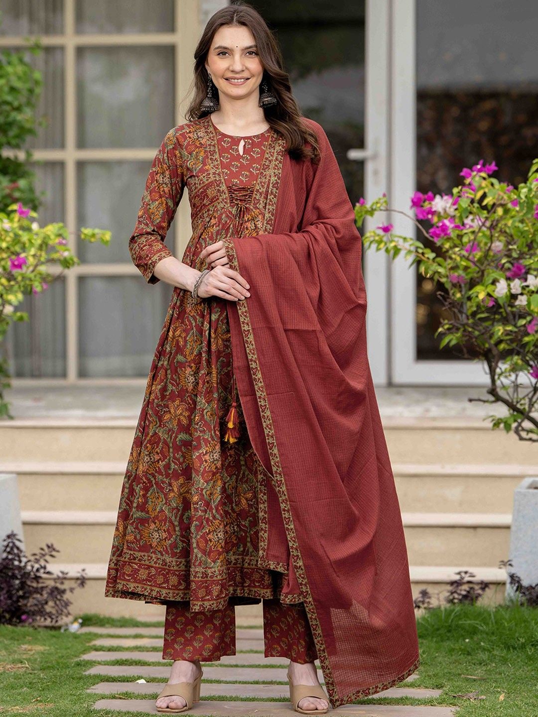 Empire Style Pure Cotton Anarkali Kurta With Trousers & Dupatta_1
