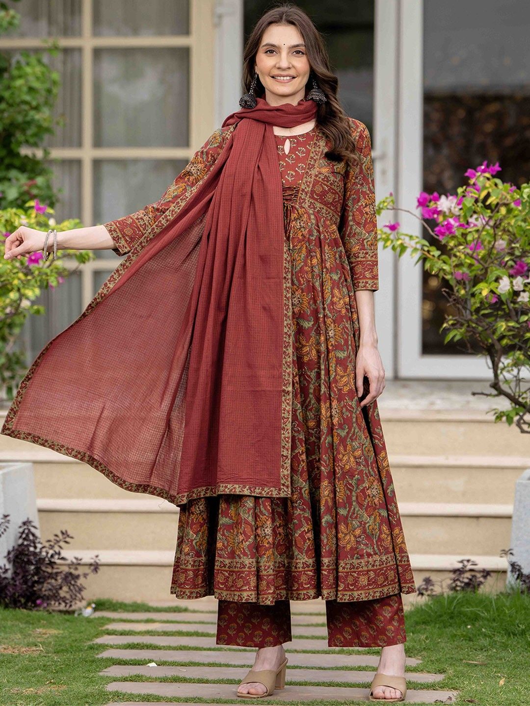 Empire Style Pure Cotton Anarkali Kurta With Trousers & Dupatta_2