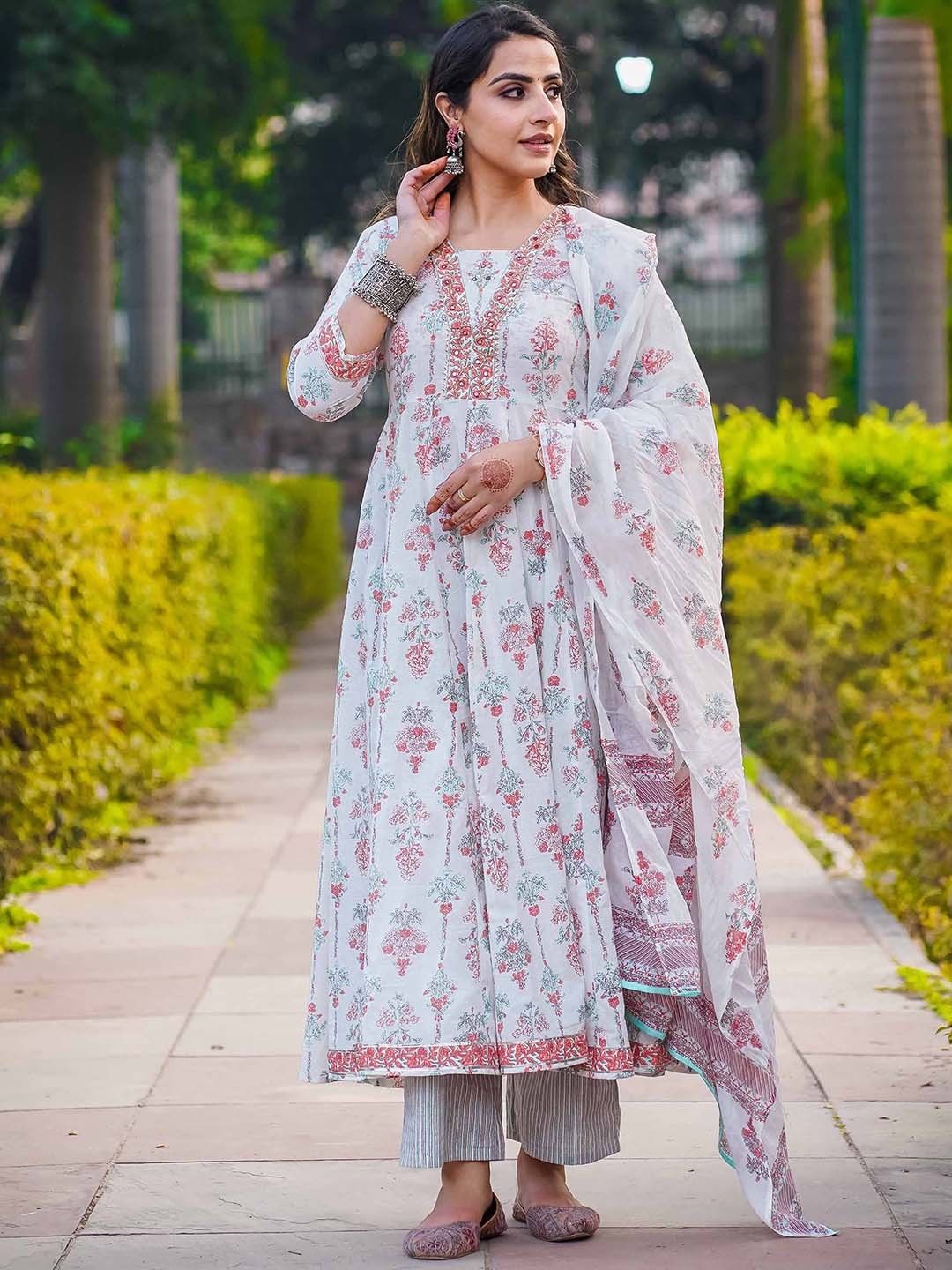 Empire Style Pure Cotton Anarkali Kurta With Trousers & Dupatta_1