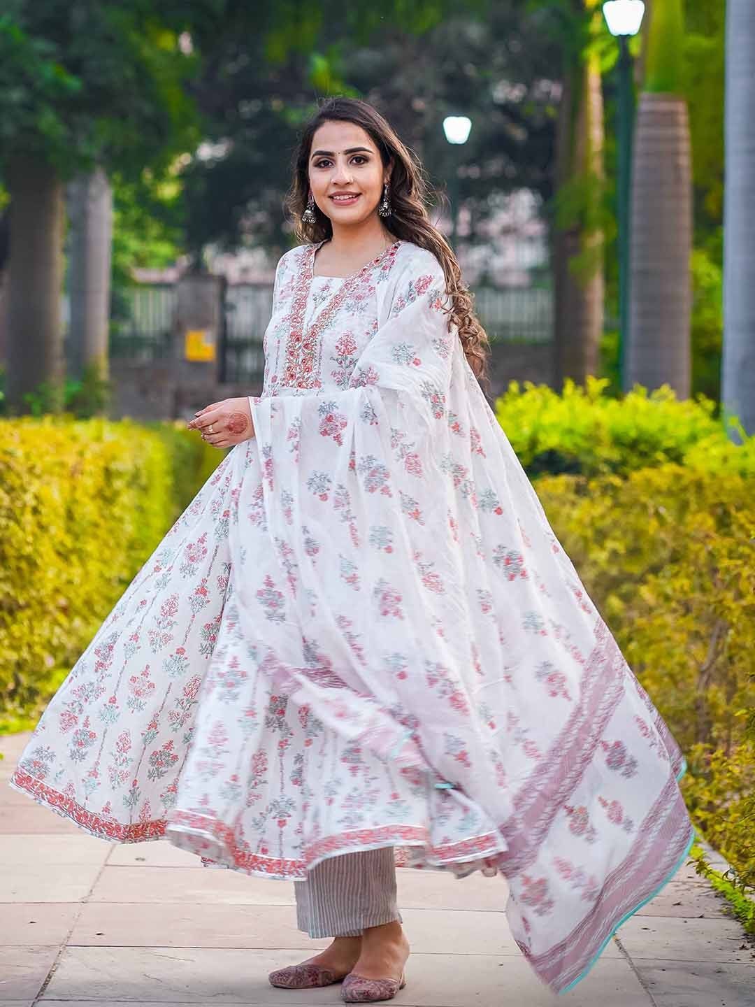 Empire Style Pure Cotton Anarkali Kurta With Trousers & Dupatta_2