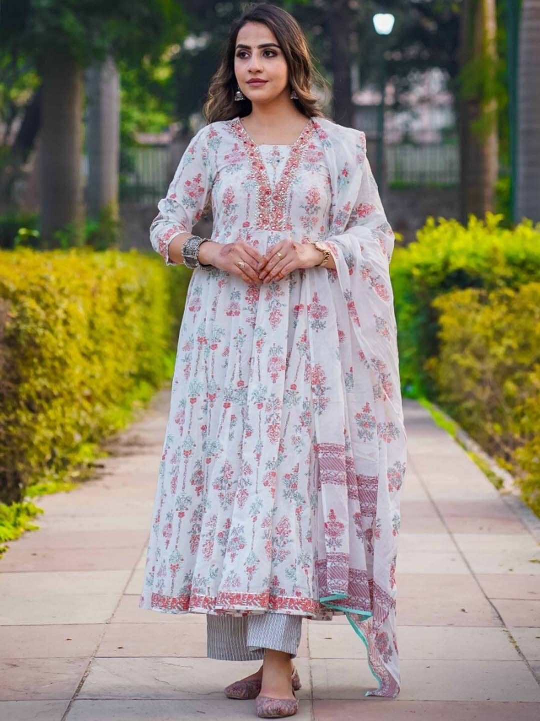 Empire Style Pure Cotton Anarkali Kurta With Trousers & Dupatta_0