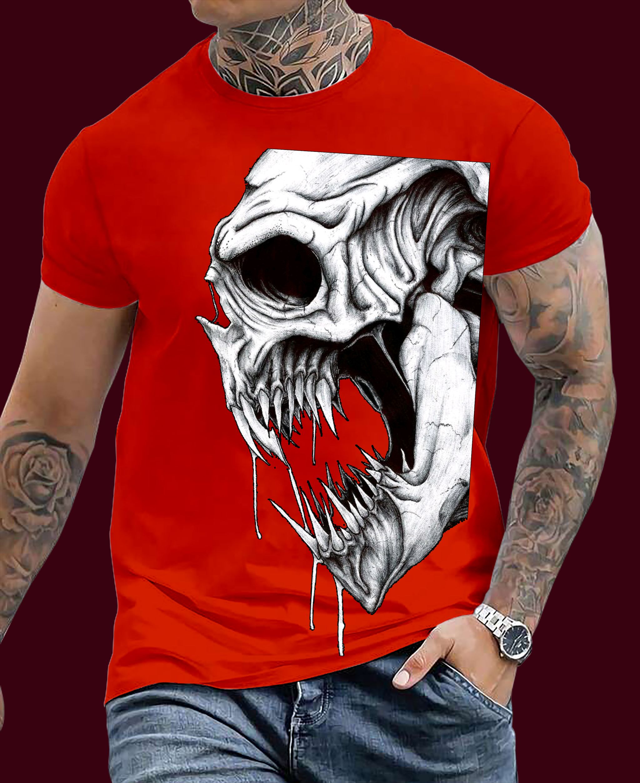 💀 "Savage Skull Scream" Graphic T-Shirt – Wine Edition (Also Available in Black, Ash & White)_6