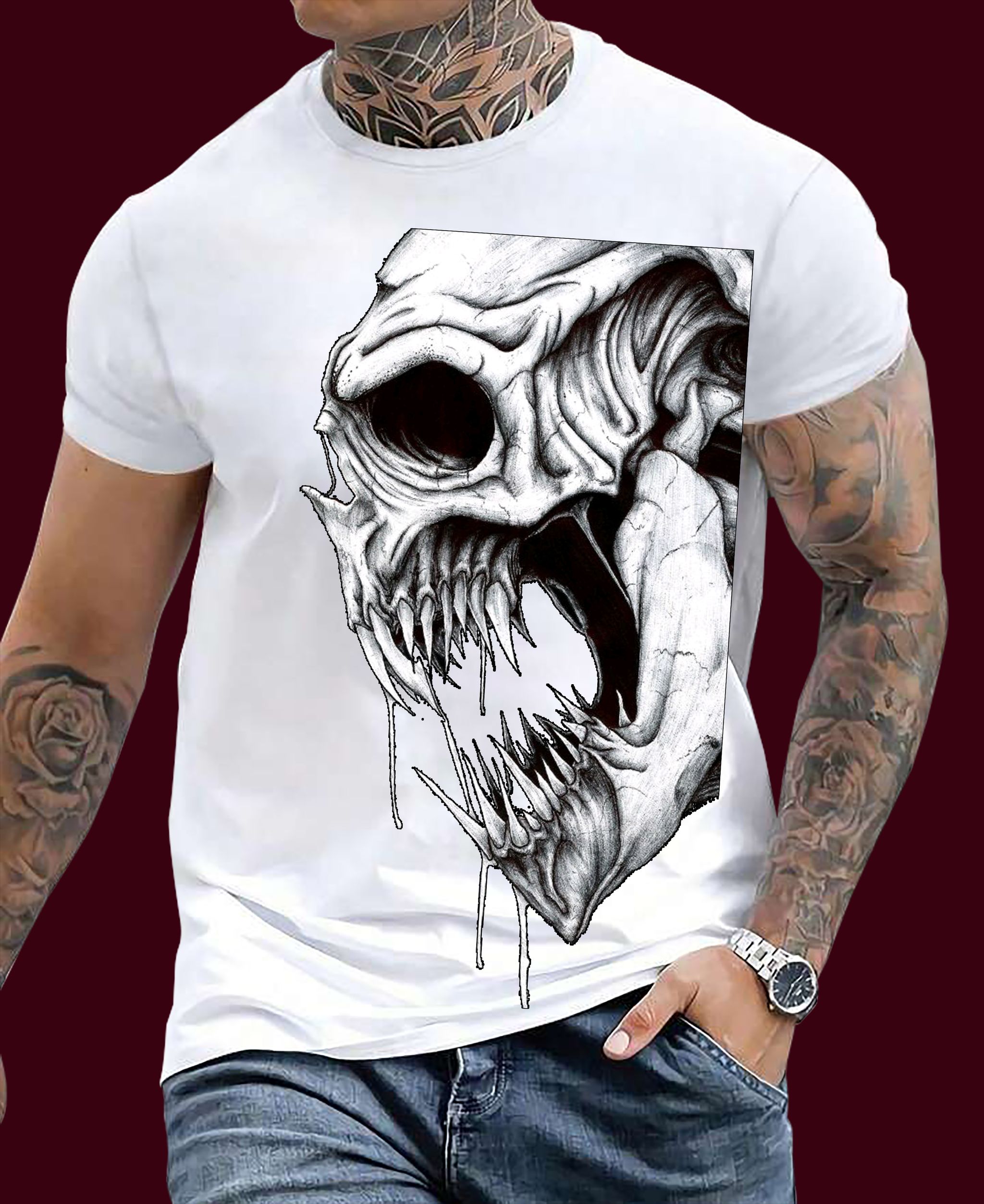 💀 "Savage Skull Scream" Graphic T-Shirt – Wine Edition (Also Available in Black, Ash & White)_8