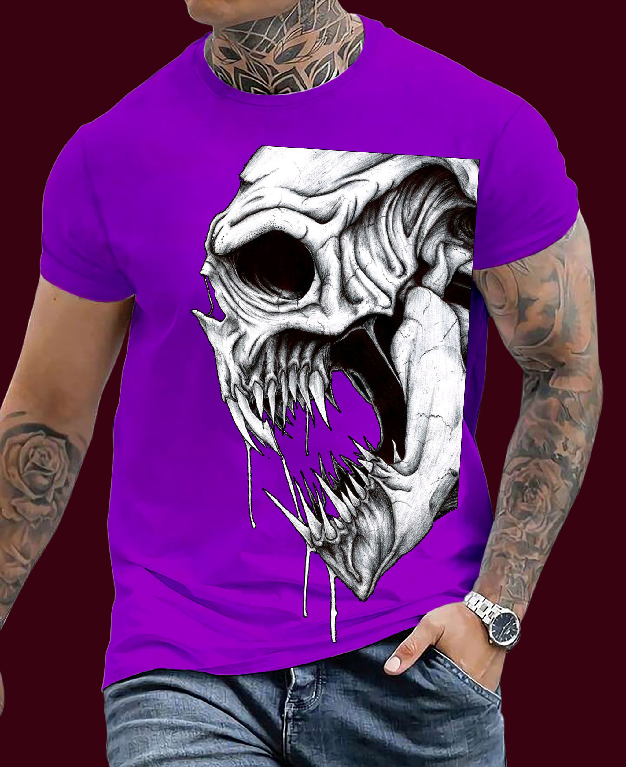 💀 "Savage Skull Scream" Graphic T-Shirt – Wine Edition (Also Available in Black, Ash & White)_7