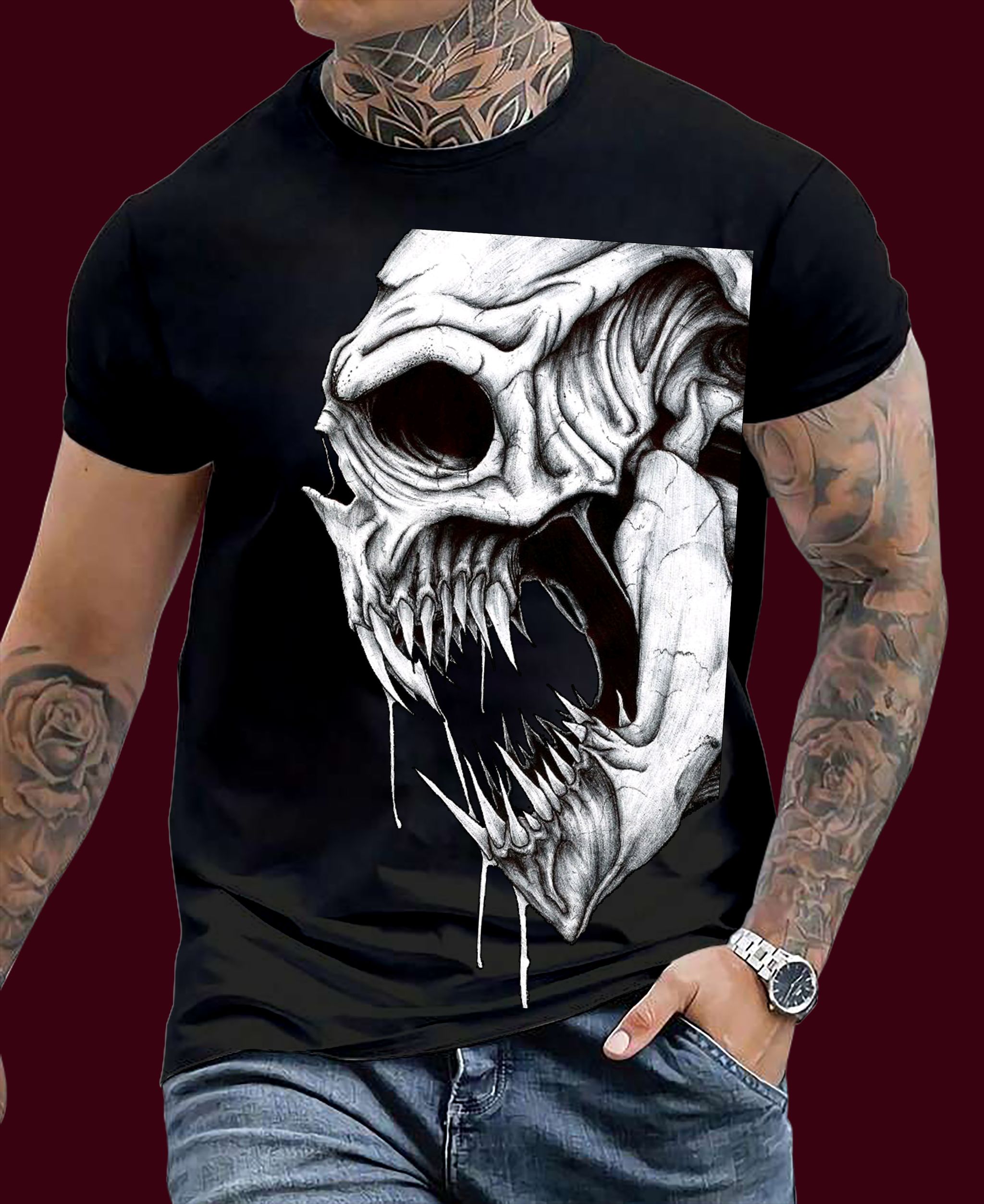 💀 "Savage Skull Scream" Graphic T-Shirt – Wine Edition (Also Available in Black, Ash & White)_2