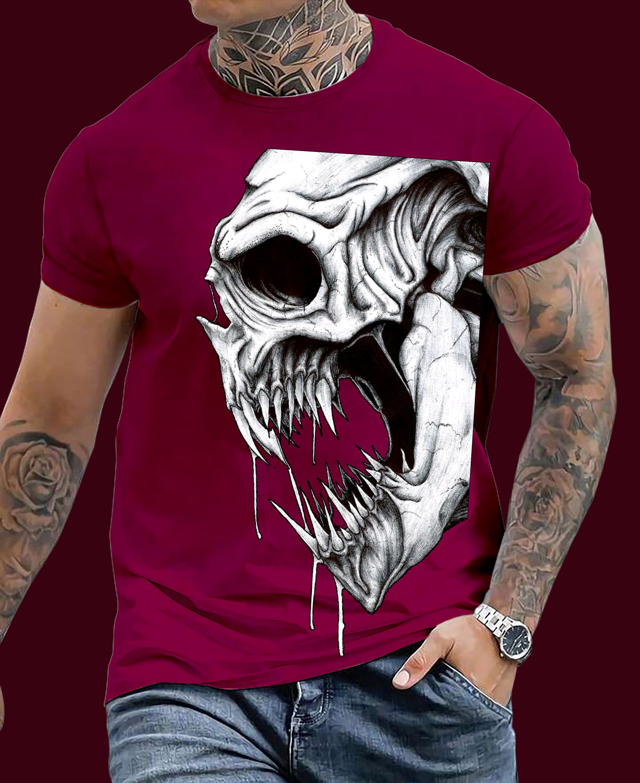 💀 "Savage Skull Scream" Graphic T-Shirt – Wine Edition (Also Available in Black, Ash & White)_0