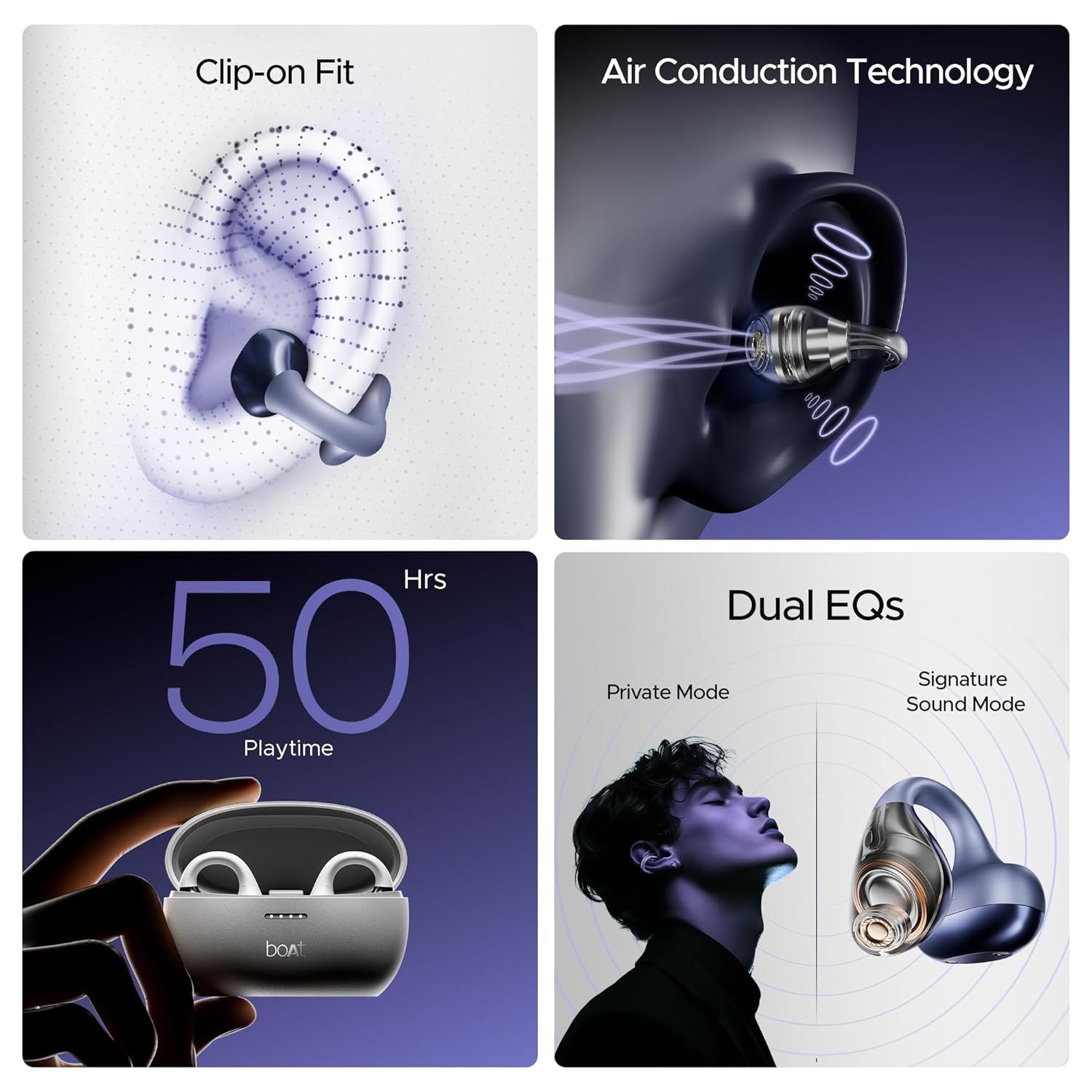 boAt Airdopes Loop Bluetooth in Ear Earbuds W/Clip-On Fit, Air Conduction Tech, 50HRS Battery, 4Mics Enx, Dual EQ Modes, 12Mm Drivers, 40Ms Latency,ASAP Charge,OWS Ear Buds Earphones (Lavender Mist) _2