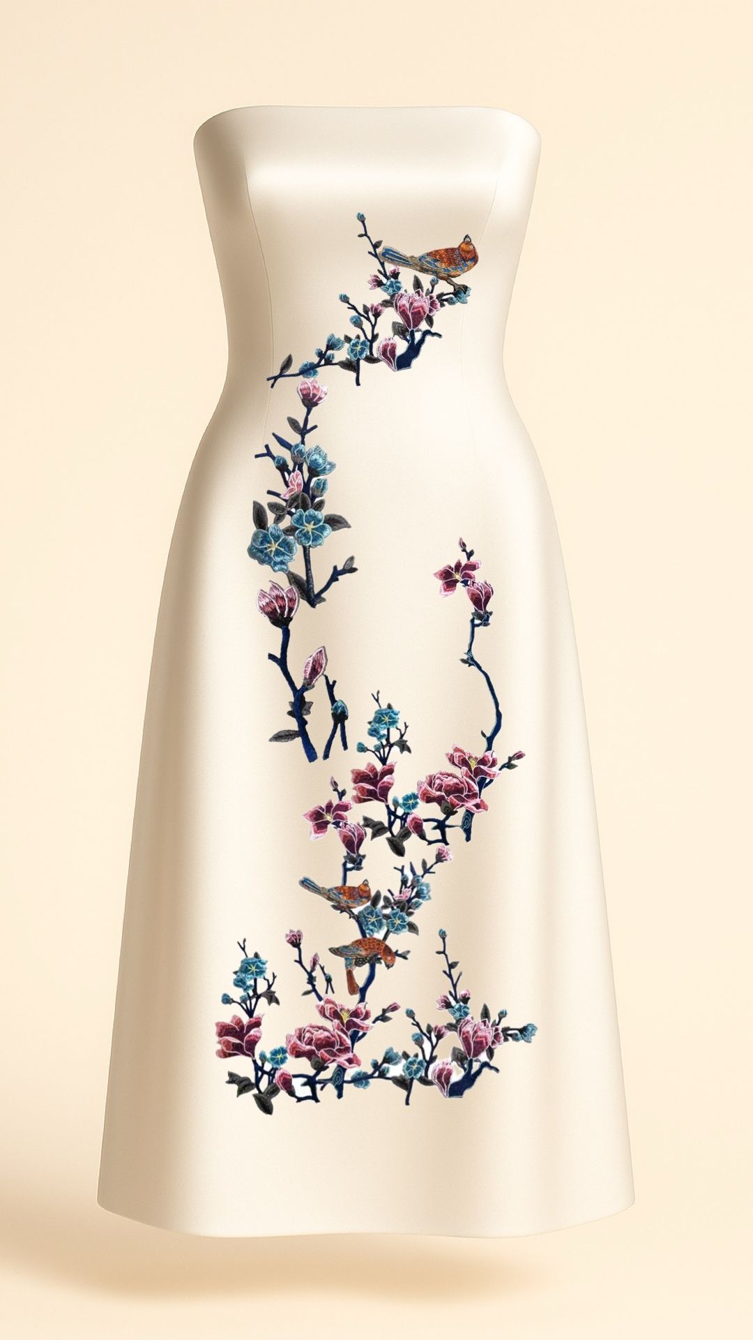 Blue Blossoms and Magnolias Midi Dress in Ivory _9
