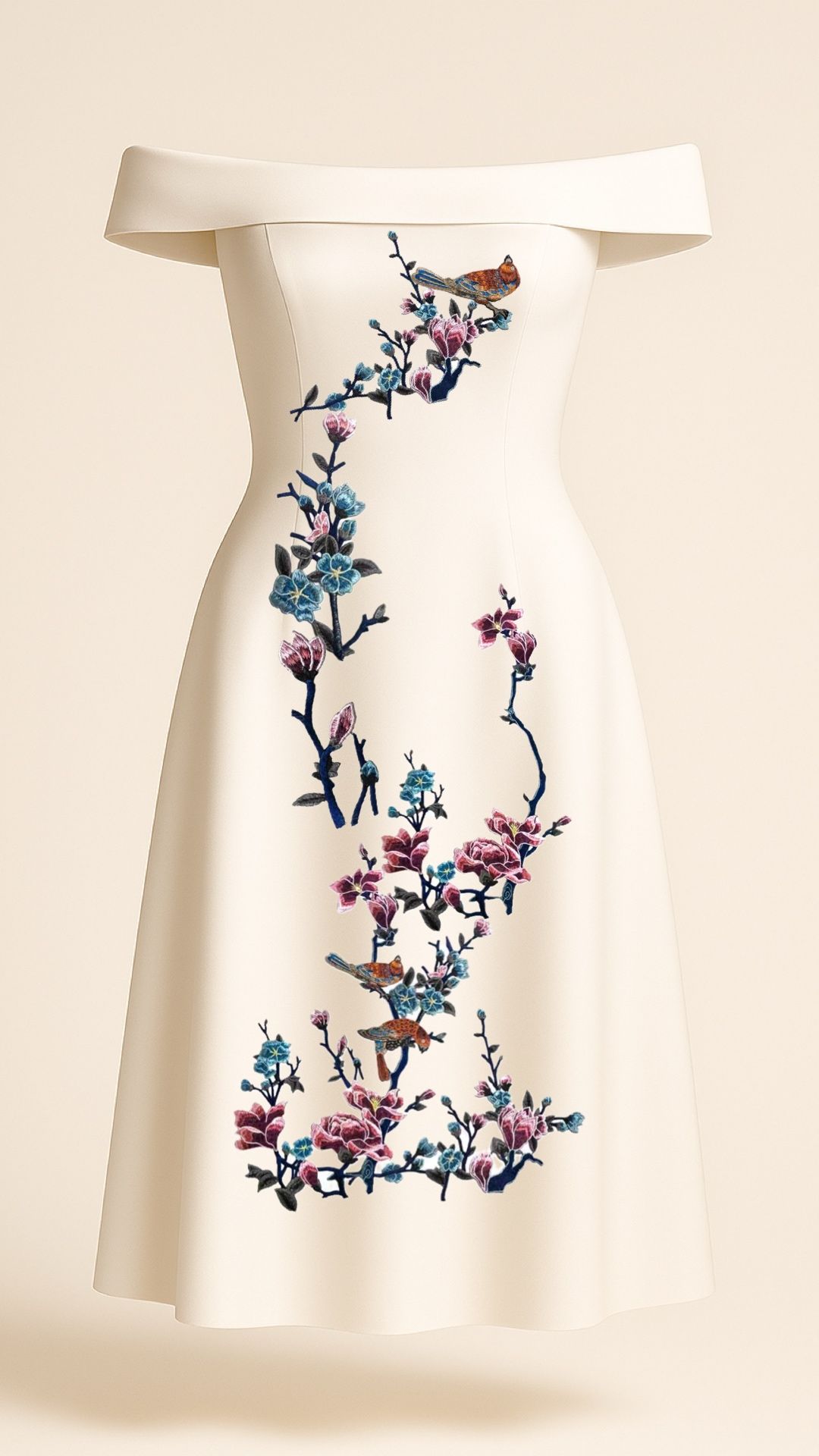 Blue Blossoms and Magnolias Midi Dress in Ivory _10