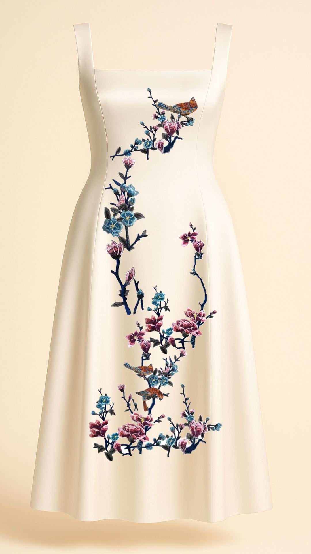 Blue Blossoms and Magnolias Midi Dress in Ivory _11